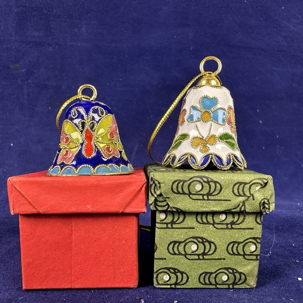 Vintage Cloisonne Enamel Miniature Bell Ornaments Lot of 2 Butterfly Flower
